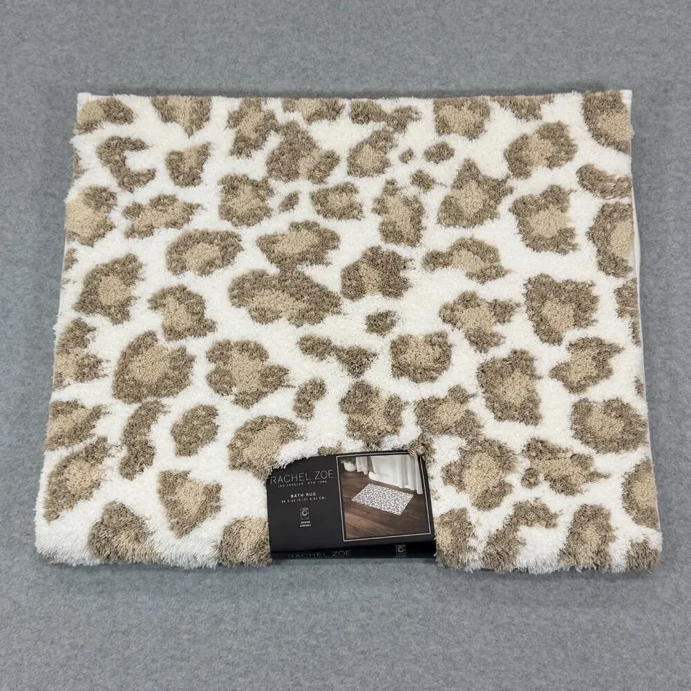 Rachel Zoe Leopard Animal Print Bath Rug Beige Tan White Plush Mat 20x32 NWT